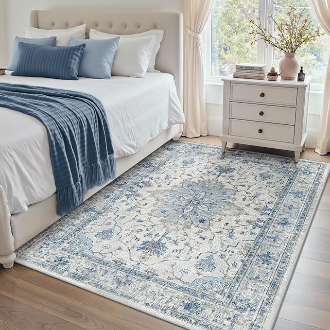 Area Rugs 4'x5' Washable Non-Slip, Floral Vintage Distress Print Pattern Medallion Carpet for Living Room Bedroom Dining Room, Light Blue Navy Beige Gray White