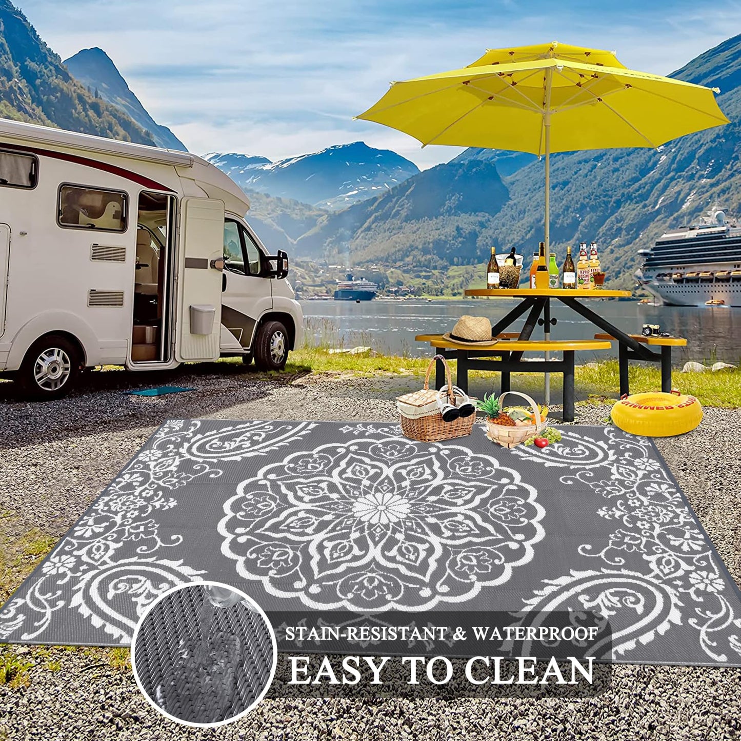 Pauwer Waterproof Outdoor Rug 10x14, Reversible Plastic Straw Patio Camping Rug, Indoor Outdoor RV Mat Carpet for Deck, Camper, Porch, Balcony, Backyard, Picnic, Boho Grey