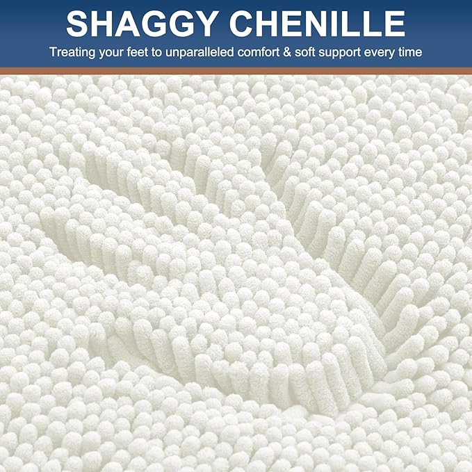 Smiry Luxury Chenille Bathroom Rugs 44x24, Extra Soft and Absorbent Shaggy Bath Mat, Machine Washable, Non-Slip Plush Carpet Runner for Tub, Shower, and Floor, Home Decor Accessories, Ivory