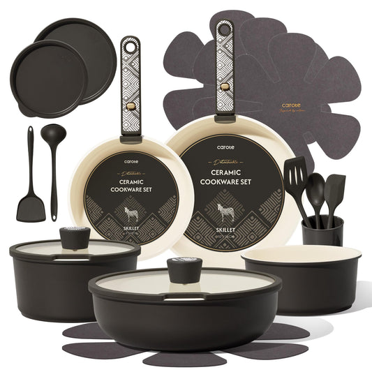 CAROTE 21-Piece Ceramic Cookware Set, Nonstick Pots and Pans Set with Detachable Handle, Non-Toxic Kitchen Cooking Set, Induction Compatible, Dishwasher & Oven Safe, Charcoal