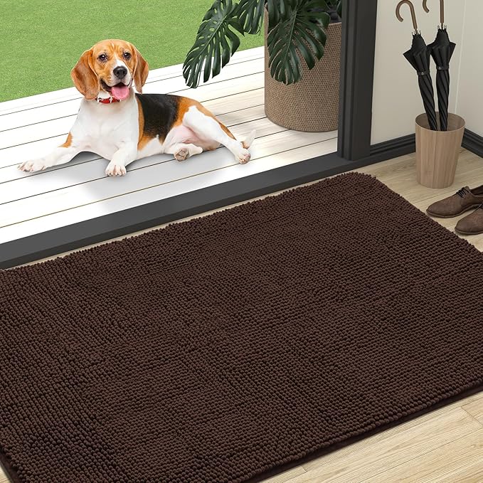 OLANLY Dog Door Mat for Muddy Paws 47x32, Absorbs Moisture and Dirt, Absorbent Non-Slip Washable Doormat, Quick Dry Chenille Mud Mat for Dogs, Entry Indoor Entryway Carpet for Inside Floor, Brown