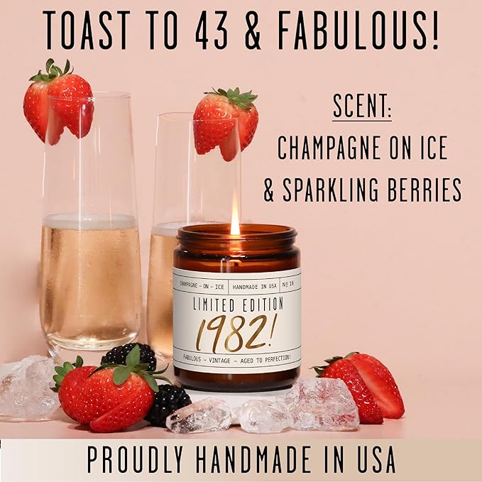 43rd Birthday Gifts for Women - 'Limited Edition 1982' Soy Candle, w/Champagne on Ice I 43 Birthday Gifts for Women I 43rd Gift for Her Ideas I 9oz Reusable Jar, 50Hr Burn, Made in USA