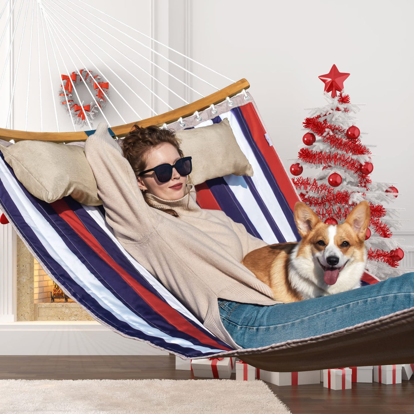 Double Hammock, 11 FT Quilted Fabric 2 Person Hammock for Outside with Pillow, Folding Curved Spreader Bar, Chains, Carrying Bag, Indoor Outdoor, 450 IB Capacity, Trinidad Red