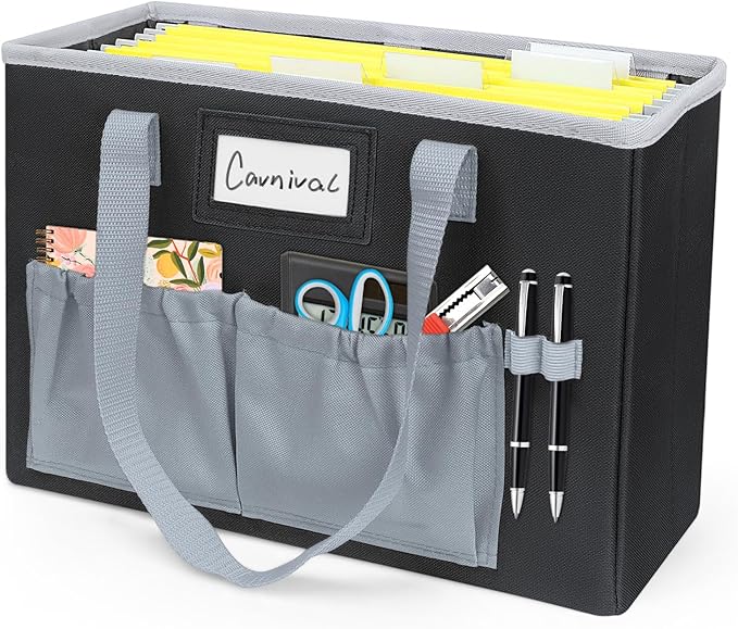 abcxgood Desktop File Organizer Box,Collapsible Hanging Filing Box,Home Office Document Storage Organizer with Front Pocket and Handles, Letter Size Folder. (BLACK)