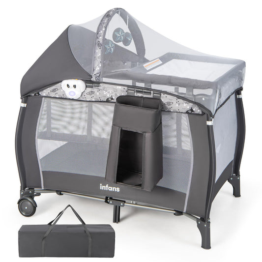 INFANS 4 in 1 Pack and Play, Portable Travel Baby Playard with Bassinet, Changing Table, Canopy, Mosquito Net, Hanging Toys, Music Box, Storage Bag, Large Playpen from Newborn to Toddlers (Grey)