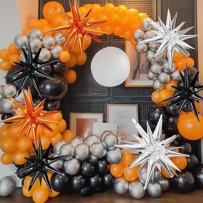 Black Orange Silver Star Balloons,9Pcs 22Inch Black Silver Orange Explosion Spike Cone Helium Polyester Film Star Foil Balloons for Halloween Birthday Anniversary Baby Shower Party Decorations