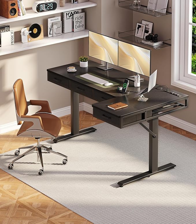 OffiGo 63 Inch L Shaped Electric Standing Desk with Drawers, Height Adjustable Large Desk with Power Outlets, Sit Stand Table, Writing Computer Desk for Home, Office, Workstation, Black