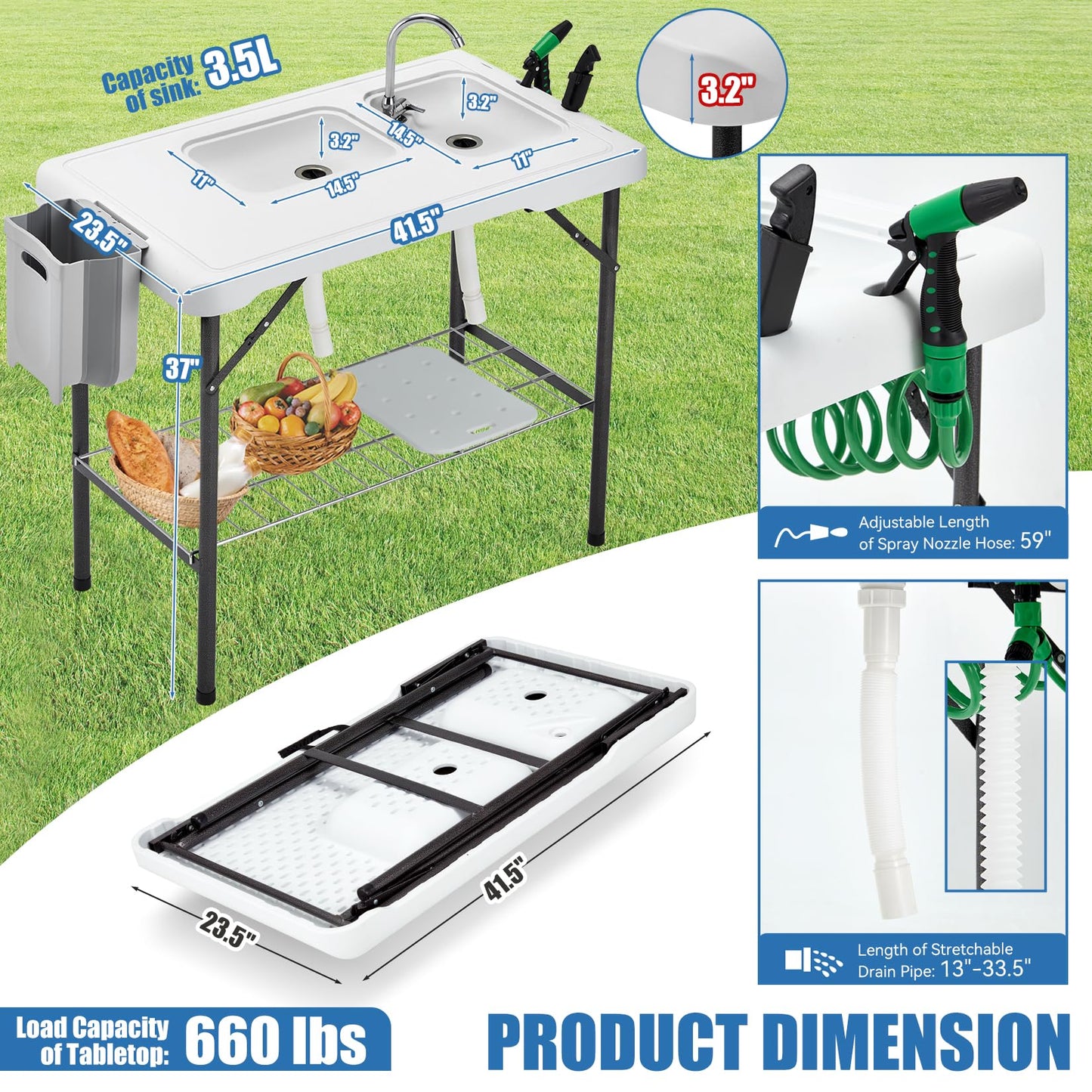 Avocahom Folding Fish Cleaning Table Portable Camping Double Sinks Table w/2 Dual Water Basins, Faucet Drainage Hose & Sprayer Outdoor Fish Fillet Cleaning Station w/Knife, Storage Box,Black