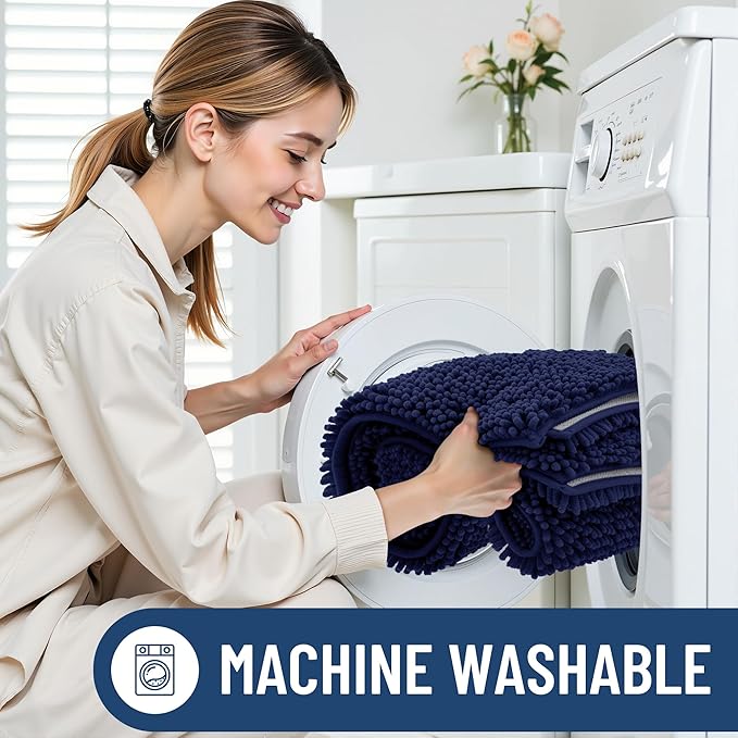Smiry Luxury Chenille Bathroom Rugs 45x27, Extra Soft and Absorbent Shaggy Bath Mat, Machine Washable, Non-Slip Plush Carpet Runner for Tub, Shower, and Floor, Home Decor Accessories, Navy Blue