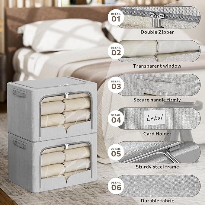 FHSQX 3 Pack Clothes Storage Bins - Foldable Metal Frame Storage Box - Stackable Linen Fabric Container Organizer Set with Carrying Handles and Clear Window (Light Gray, 19.7x15.7x13inch(66L))