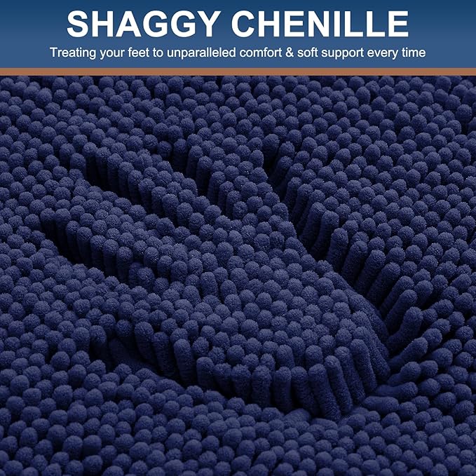Smiry Luxury Chenille Bathroom Rugs 45x27, Extra Soft and Absorbent Shaggy Bath Mat, Machine Washable, Non-Slip Plush Carpet Runner for Tub, Shower, and Floor, Home Decor Accessories, Navy Blue