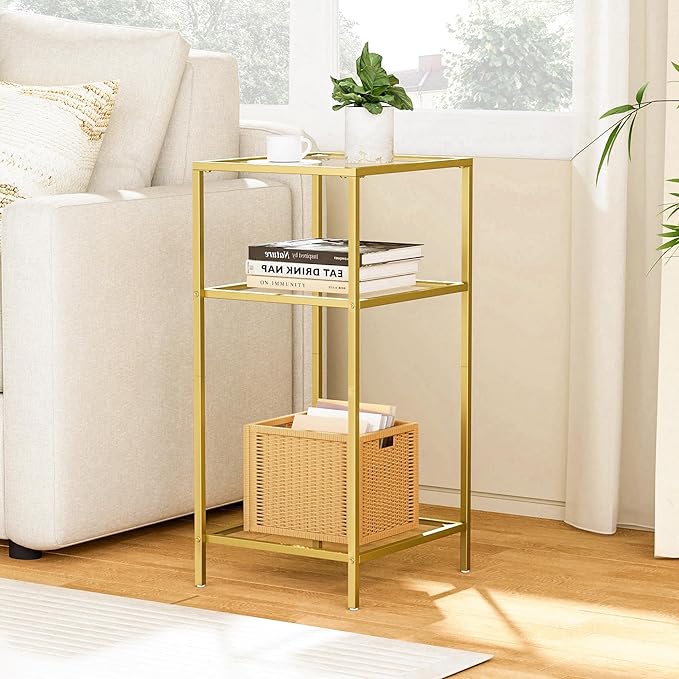 Homhedy 3-Tier Side Tables Set of 2, End Tables with Tempered Glass, Nightstands with Storage Shelves, Slim Sofa Tables for Living Room, Bedroom (2, Golden)