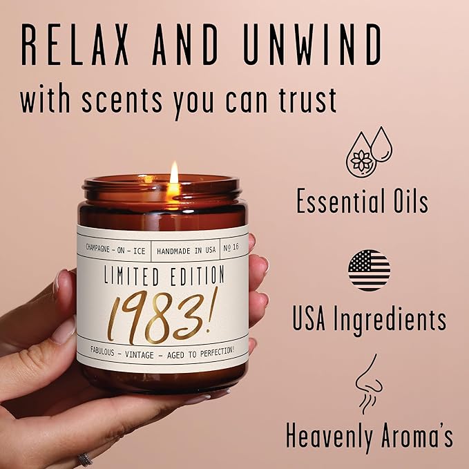 42nd Birthday Gifts for Women - 'Limited Edition 1983' Soy Candle, w/Champagne on Ice I 42 Birthday Gifts for Women I 42nd Gift for Her Ideas I 9oz Reusable Jar, 50Hr Burn, Made in USA