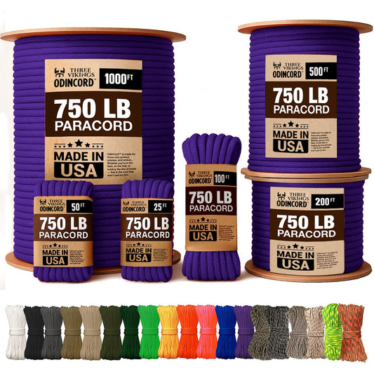 Three Vikings Paracord Rope - Made in USA - 750lb - 100% Nylon - Type IV - 11 Strand Core - Stronger Then Paracord 550 Cord - Purple - 1000 Ft.