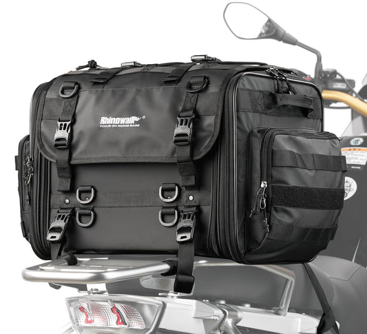Rhinowalk Motorcycle Tail Bag, Expandable Motorcycle Travel Luggage Bags 60L, Waterproof All-Weather Trunk Rack Bag with Sissy Bar Straps & Helmet Rain Cover-Black