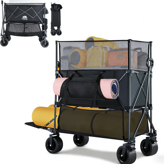 BARWING 460L Folding Large Collapsible Wagon, Heavy Duty Wagons Carts with All-Terrain Sand Wheels 600LBS,50" Extended Double-Decker Wagon with Height Extension Nets for Camping and Fishing
