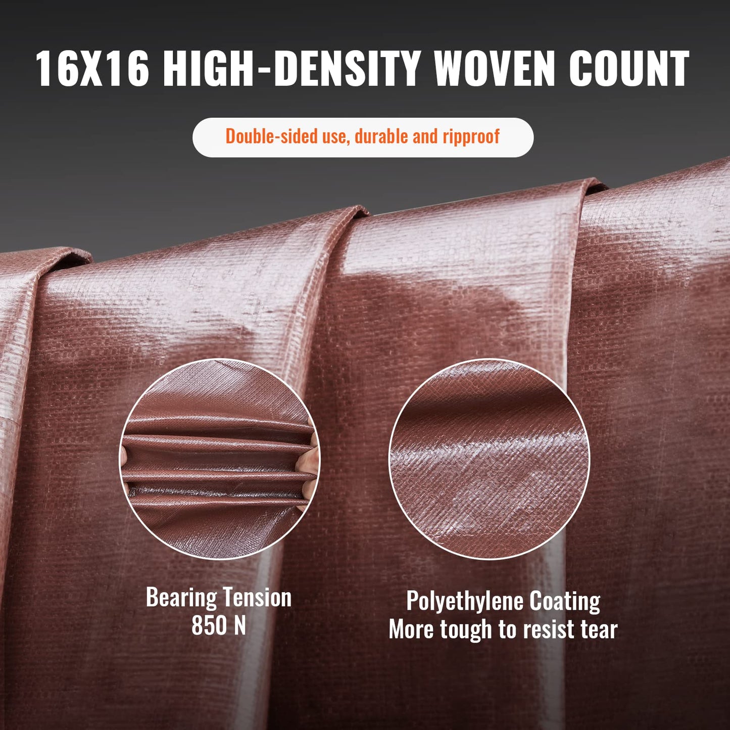 VEVOR Tarp 20x40 ft 16 Mil Extra Thick, Waterproof Poly Plastic Tarps Cover, Multi-Purpose Outdoor Tarpaulin with Grommets & Reinforced Edges for Truck, RV, Boat, Camping (Brown)