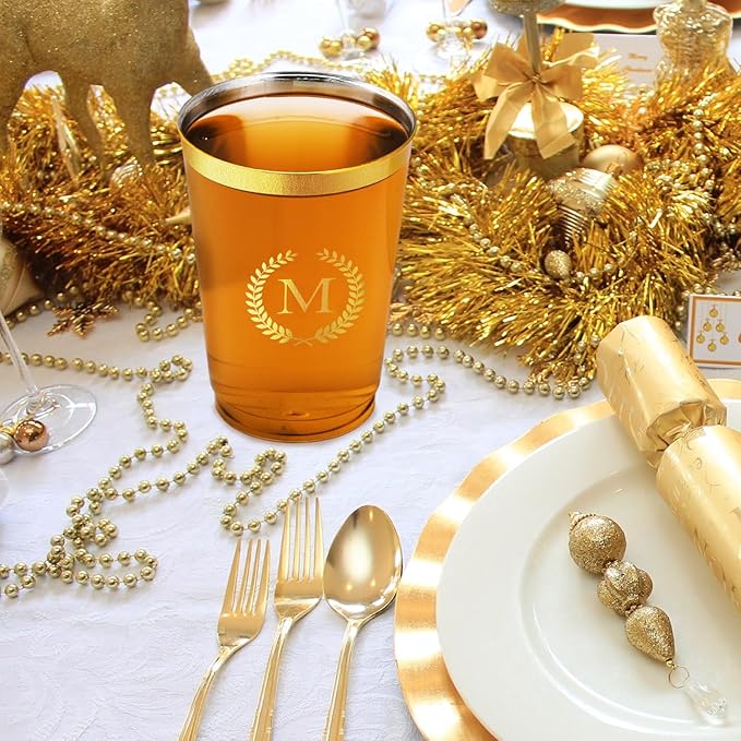 100 Pieces Monogrammed Plastic Cups Gold Foil Letter M Disposable Cups 12 oz Clear Initial Party Cups for Wedding Birthday Baby Shower Personalized Party Drinkware
