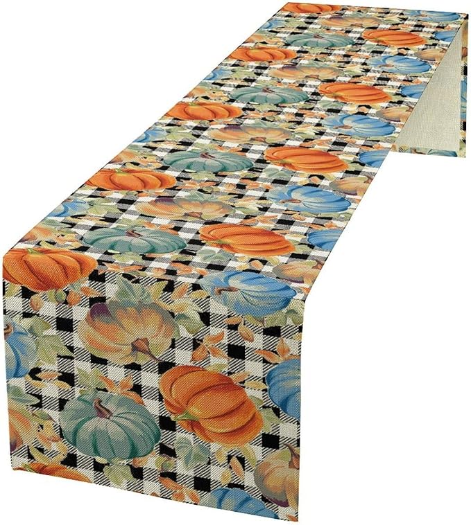 Fall Pumpkin Table Runner Black White Plaid Maple Leaves Watercolor Illustration Rustic Thanksgiving Home Decor for Farmhouse Indoor Outdoor Party Holiday Dining Kitchen Restaurant Cafe W13xL60in