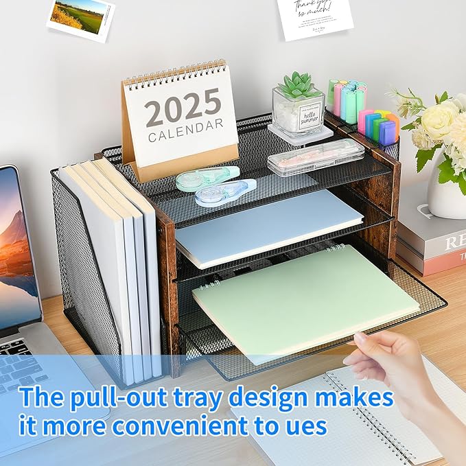 OPNICE Desk Organizer, 4-Tier Desktop File Organizer with Drawer and 2 Pen Holders, Office Desk Accessories, File Sorters, Workspace Organizers for Office Supplies(Brown Wood)