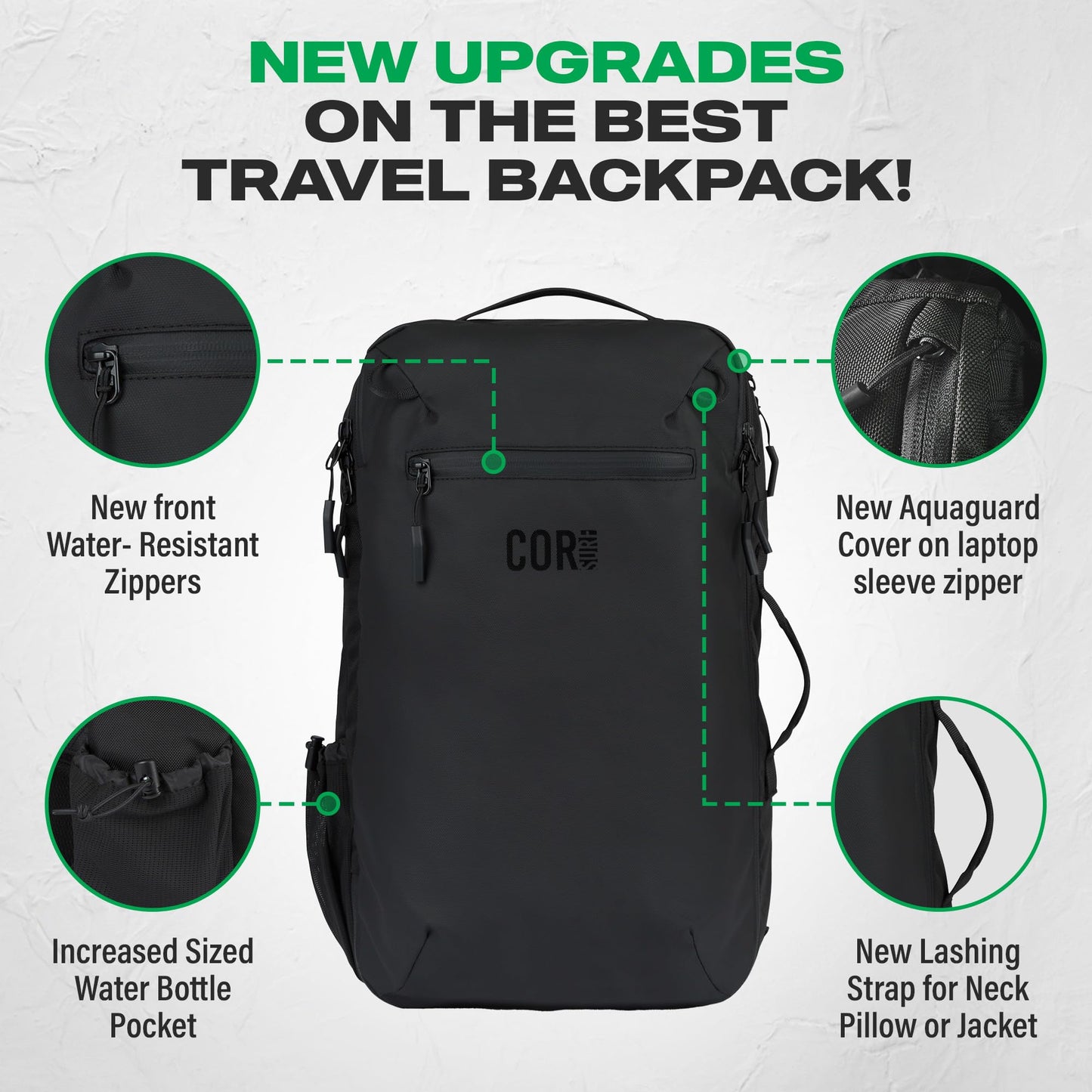 COR Surf Carry On Travel Backpack Bundle | Island Hopper Travel Backpack with Toiletry Bag and Compression Packing Cube Set (28L, Black)