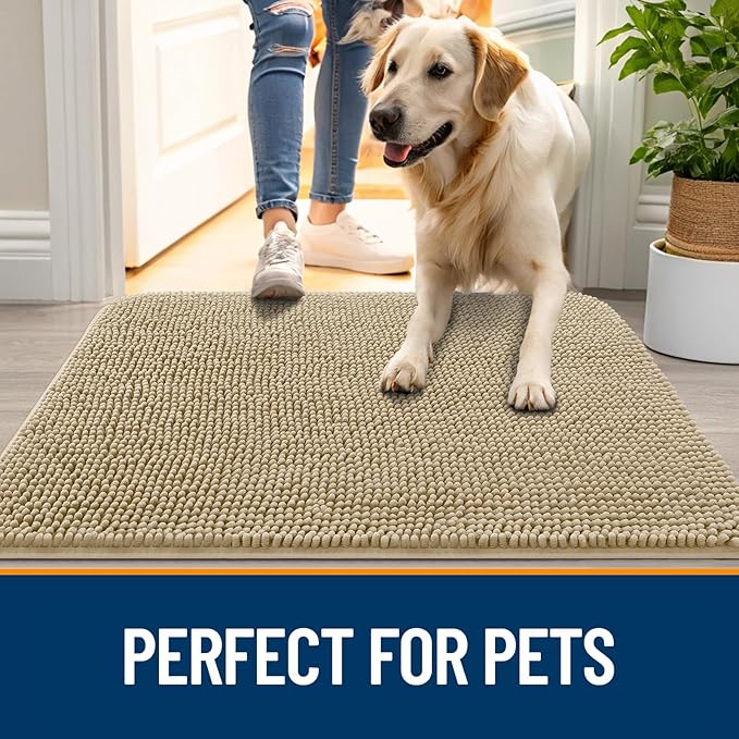 OLANLY Dog Door Mat for Muddy Paws 47x24, Absorbs Moisture and Dirt, Absorbent Non-Slip Washable Doormat, Quick Dry Chenille Mud Mat for Dogs, Entry Indoor Entryway Carpet for Inside Floor, Beige