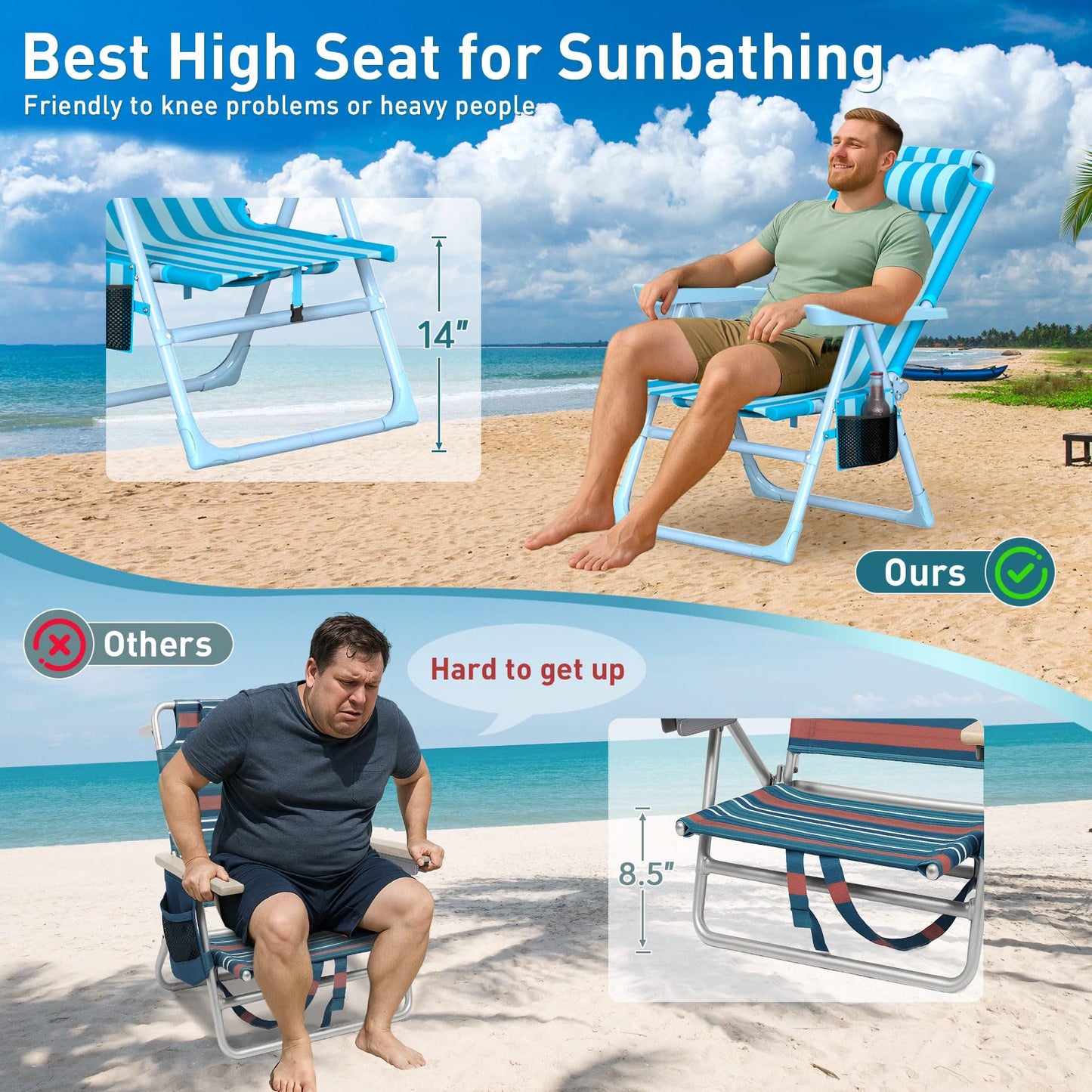 Suteck Backpack Beach Chairs for Adults 2 Pack, 6-Position Folding Reclining Chair with Cooler Bag & Cup Holder, Lightweight Portable Beach Chair for Camping, Outdoor, Sand, Travel Use