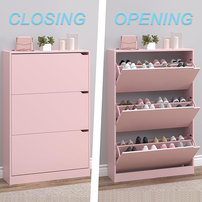 Shoe Cabinet with 3 Flip Drawers, Hidden Wood Shoe Cabinet,Freestanding Shoe Storage Cabinet for Entryway Hallway.White. 47.2" H*31.5" W*9.45" D (Pink)