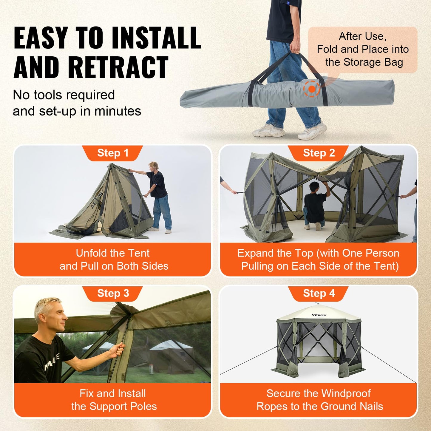 VEVOR Pop Up Gazebo Screen Tent 6 Sided Canopy Sun Shelter with 6 Removable Privacy Wind Cloths & Mesh Windows, 10x10FT Quick Set Screen Tent with Mosquito Netting, Army Green