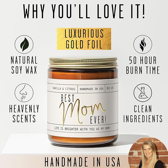 Mothers Day Gifts for Mom, Mom Gifts From Daughter or Son - 'Best Mom Ever' Soy Candle, w/Fig & Sandalwood I Mom Birthday Gifts from Son Ideas I 50Hr Burn, USA Made