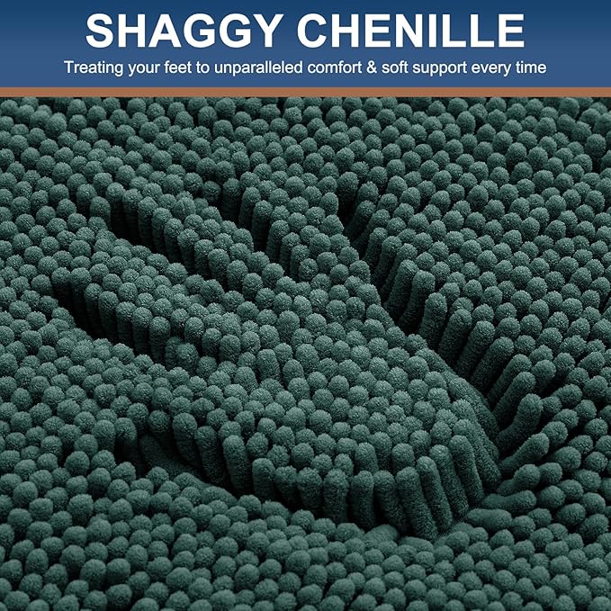Smiry Luxury Chenille Bathroom Rugs 59x35, Extra Soft and Absorbent Shaggy Bath Mat, Machine Washable, Non-Slip Plush Carpet Runner for Tub, Shower, and Floor, Home Decor Accessories, Green