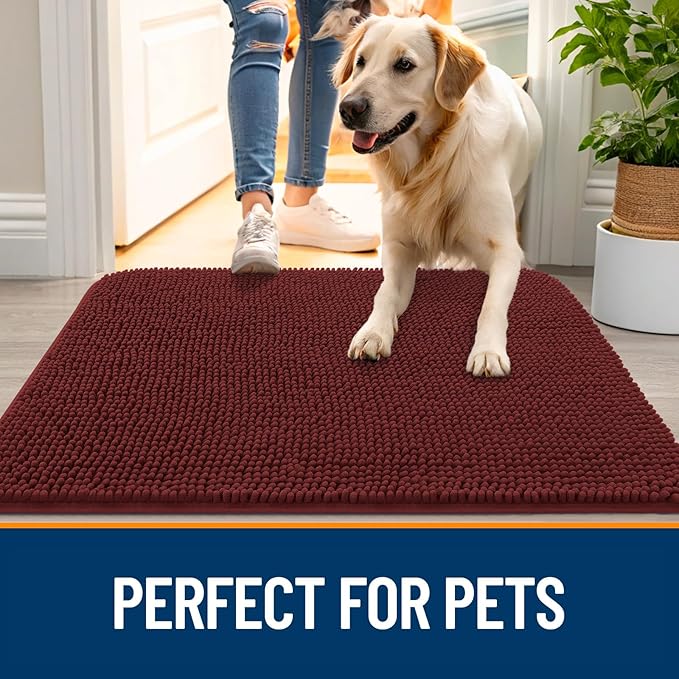 OLANLY Dog Door Mat for Muddy Paws 59x24, Absorbs Moisture and Dirt, Absorbent Non-Slip Washable Doormat, Quick Dry Chenille Mud Mat, Entry Indoor Entryway Carpet for Inside Floor, Caramel Russet