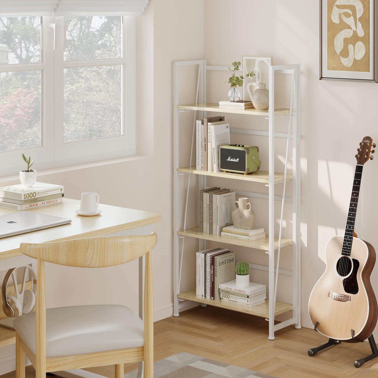 BHG Vintage Multifunctional Bookcase Folding Bookshelf, No-Assembly Plant Stand Storage Rack Shelves for Home Office (White, 4-Tier)
