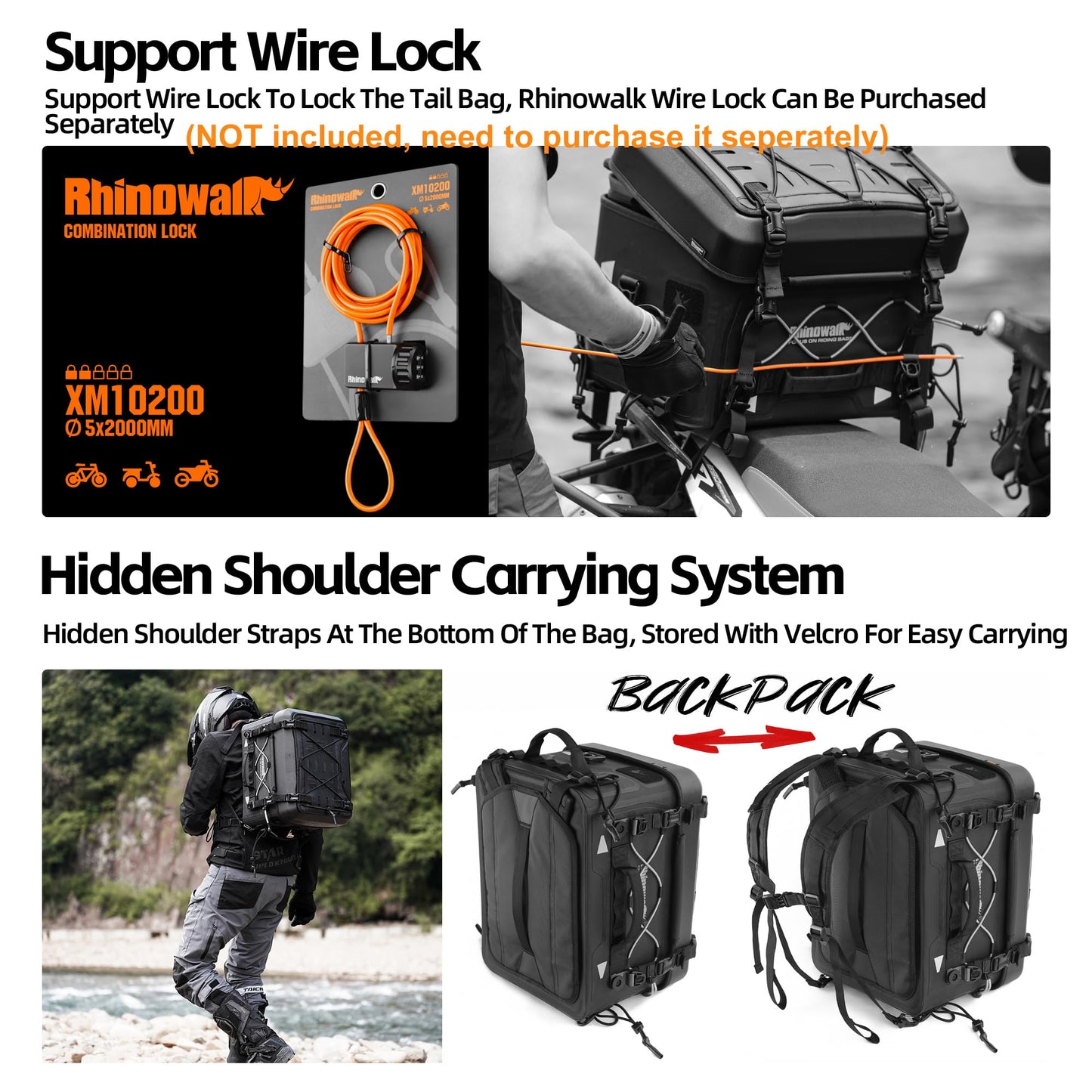 Rhinowalk 36L Motorcycle Tail Bag Hard Shell Top Case Lightweight Waterproof Rear Trunk with MOLLE System & Quick-Release Mounting – Touring Adventure Case