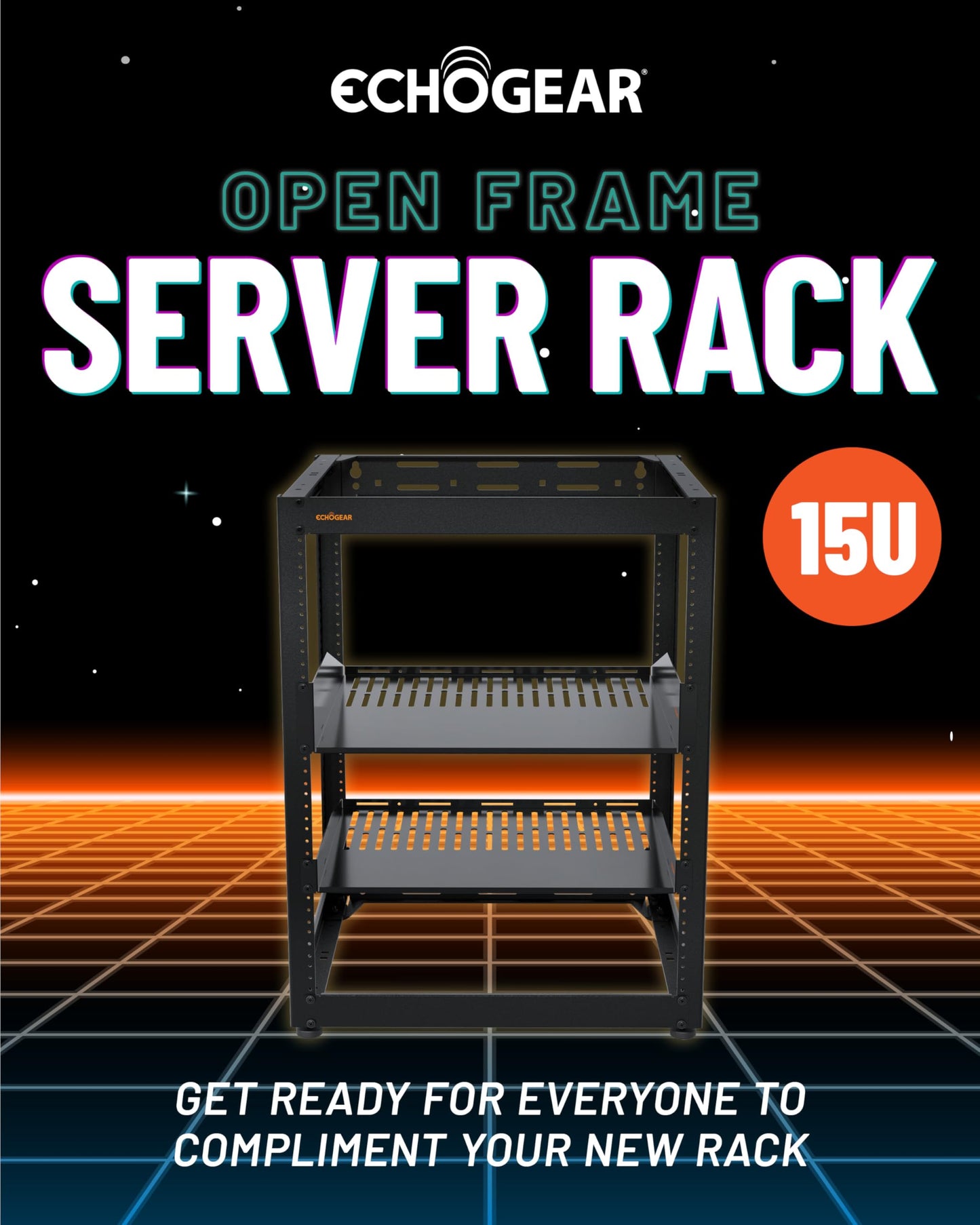 ECHOGEAR 15U Open Frame Rack for Servers & AV Gear - Wall Mountable Design Includes 2X Vented Shelves, 25x Rack Mounting Screws, 4X Leveling Feet, 4X Shelf Stops, & 2X Securement Straps