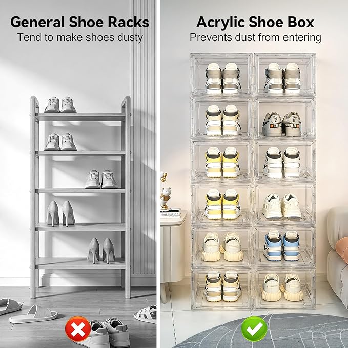 Acrylic Shoe Storage Boxes with Magnetic Door - 360° Clear Stackable Shoe Display Box Set, Plastic Shoe Cabinet Rack Box for Sneakers Heels Shoes (12, Clear, L - Front Open)