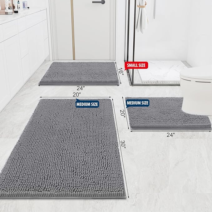 Smiry Luxury Chenille Bathroom Rugs 47x20, Extra Soft and Absorbent Shaggy Bath Mat, Machine Washable, Non-Slip Plush Carpet Runner for Tub, Shower, and Floor, Home Decor Accessories, Grey