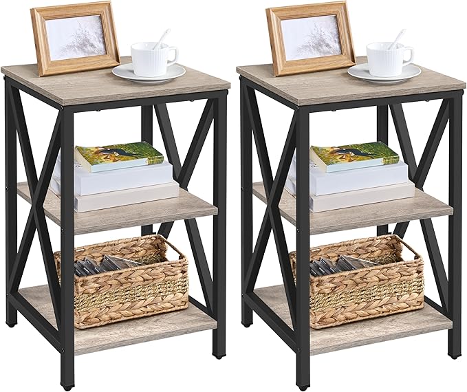 Yaheetech Industrial End Tables Set of 2, 3-Tier Side Tables with Storage Shelves for Living Room, X Design Sofa Tables, Strong Metal Frame, Easy Assembly, 16x16x24.5 in, Gray