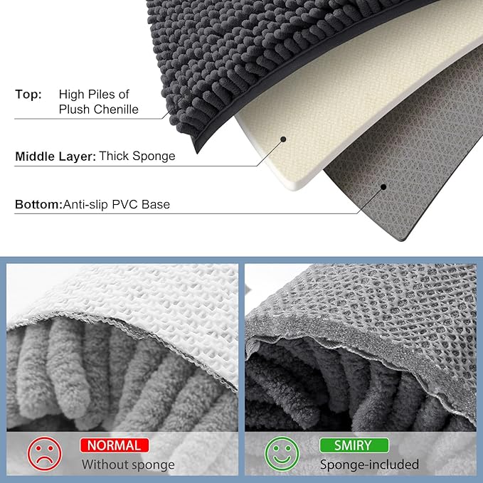 Smiry Luxury Chenille Bathroom Rugs 47x17, Extra Soft and Absorbent Shaggy Bath Mat, Machine Washable, Non-Slip Plush Carpet Runner for Tub, Shower, and Floor, Home Decor Accessories, Charcoal Grey