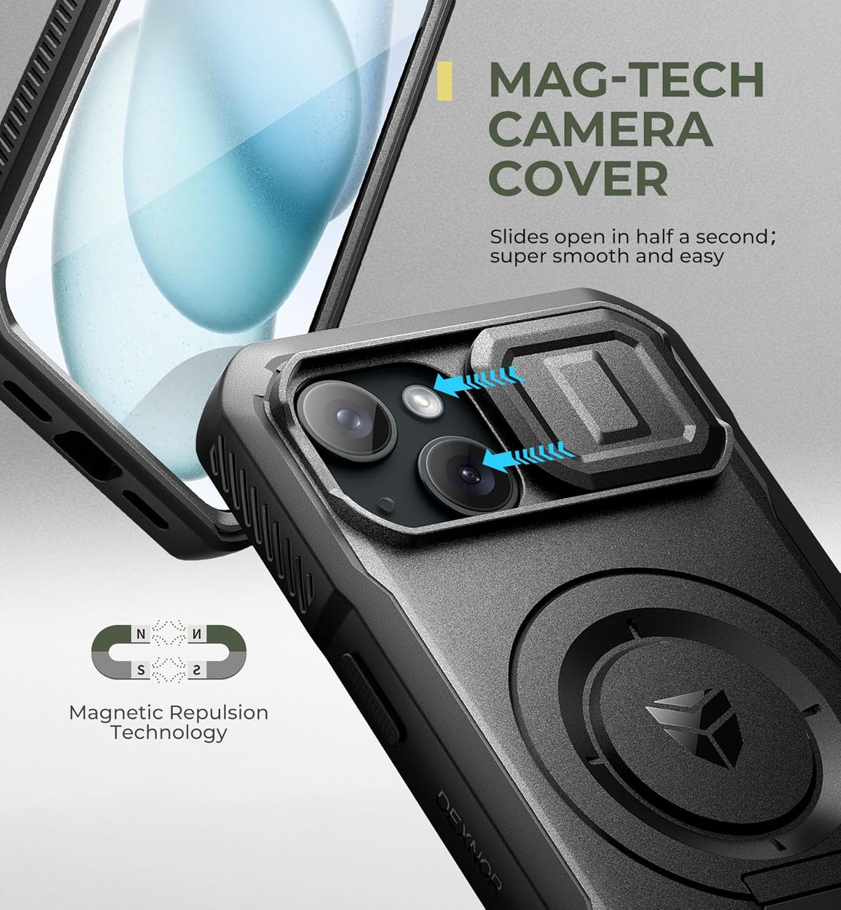 Dexnor 15 for iPhone Case with Slide Camera Cover & Adjustable Kickstand & Built-in Screen Protector, Magnetic Rugged