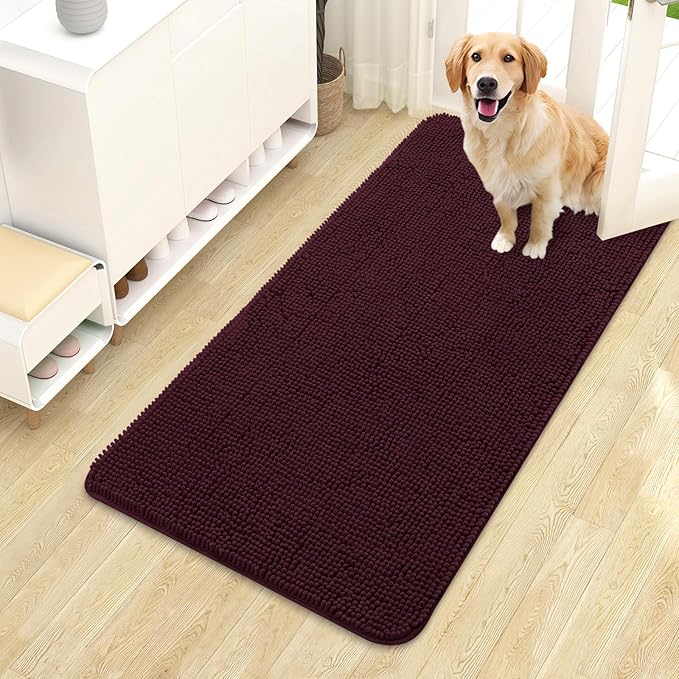 OLANLY Dog Door Mat for Muddy Paws 44x24, Absorbs Moisture and Dirt, Absorbent Non-Slip Washable Doormat, Quick Dry Chenille Mud Mat for Dogs, Entry Indoor Entryway Carpet for Inside Floor, Russet