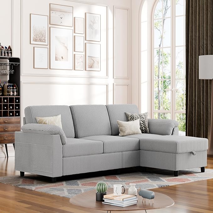 Vongrasig Convertible Sectional Couches Sofa, 3 Seat L Shaped Sofa with Removable Pillows Soft Corduroy Fabric Small Couch Mid Century for Living Room, Bed Room, Apartment and Office (Light Grey)