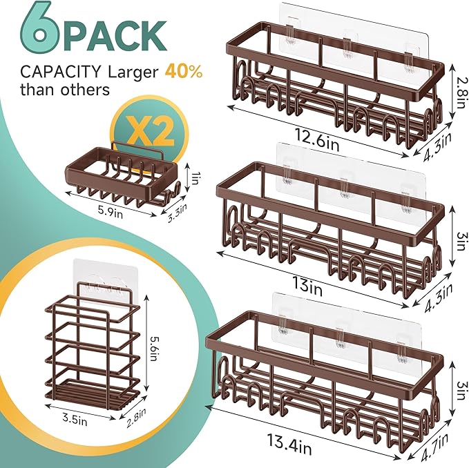 Veken Shower Caddy 6-Pack, No Drilling & Rustproof, Waterproof Adhesive Shelves Rack with Soap Holder, Large Capacity Bathroom Organizers and Storage, Wall-Mounted Kitchen & Home Decor