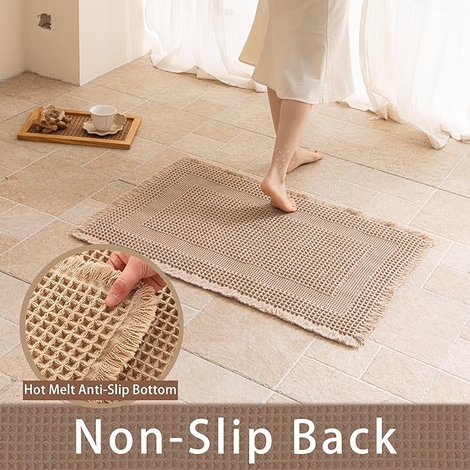 Waffle Bath Mat Non Slip, Boho Runner Rug, Super Absorbent Quick Dry Long Bath Runner Bathroom, Soft Farmhouse Bath Rug with Tassels, Washable Shower Mats for Floor 24"x48", Square Brown