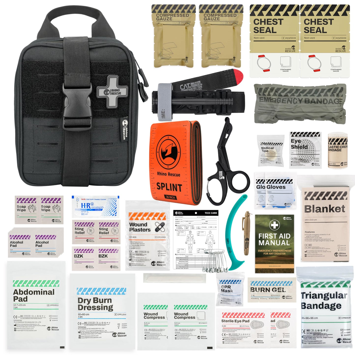 RHINO RESCUE IFAK Trauma Kit with C-A-T Tourniquet, Tactical First Aid Kit Molle Pouch for Military, Combat, Car, Camping, Hiking, Travel (Black)
