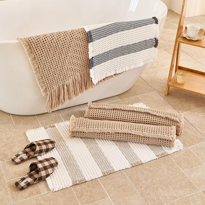 Waffle Bath Mat Non Slip, Boho Runner Rug, Super Absorbent Quick Dry Long Bath Runner Bathroom, Soft Farmhouse Bath Rug with Tassels, Washable Shower Mats for Floor 24"x48", Square Brown