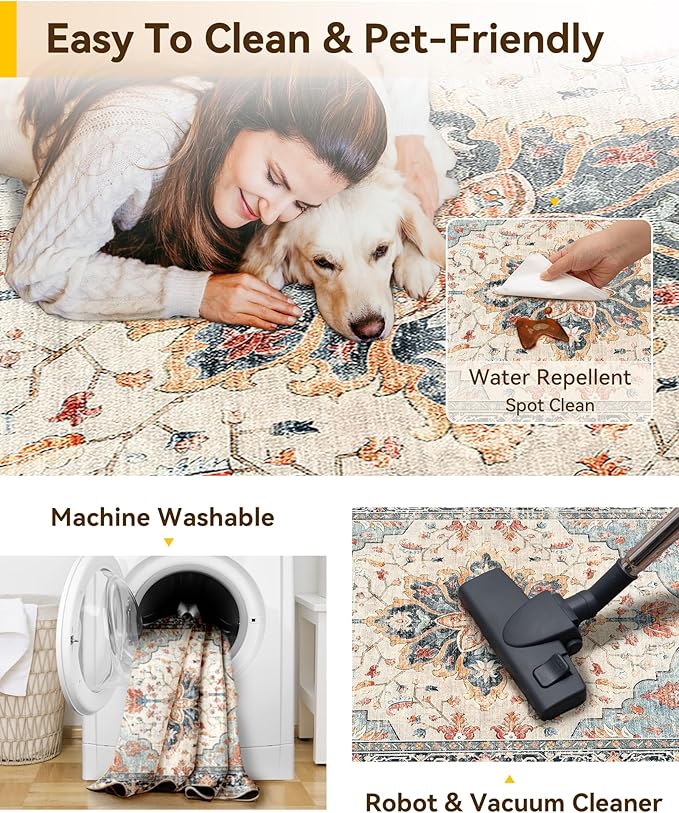 Area Rugs 10'x14' Washable Non-Slip, Floral Vintage Distress Print Pattern Medallion Carpet for Living Room Bedroom Dining Room, Beige Navy Blue Orange Colorful