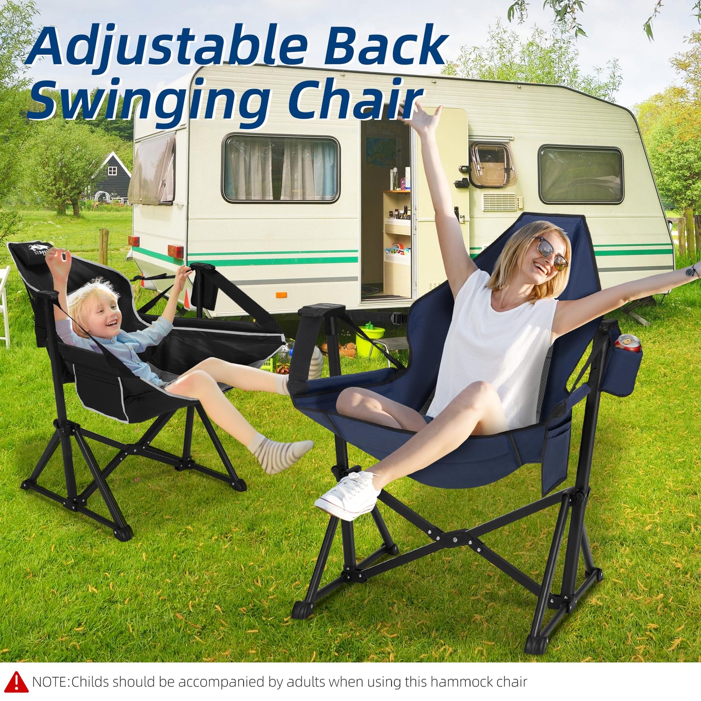 Fragess Hammock Camping Chair, Portable Camping Hammock Chair with Adjustable Back, Folding Hammock Chair Supports 330lbs, Rocking Camping Chair for Lawn, Camping, Patio, Traveling, Stargazer-Blue