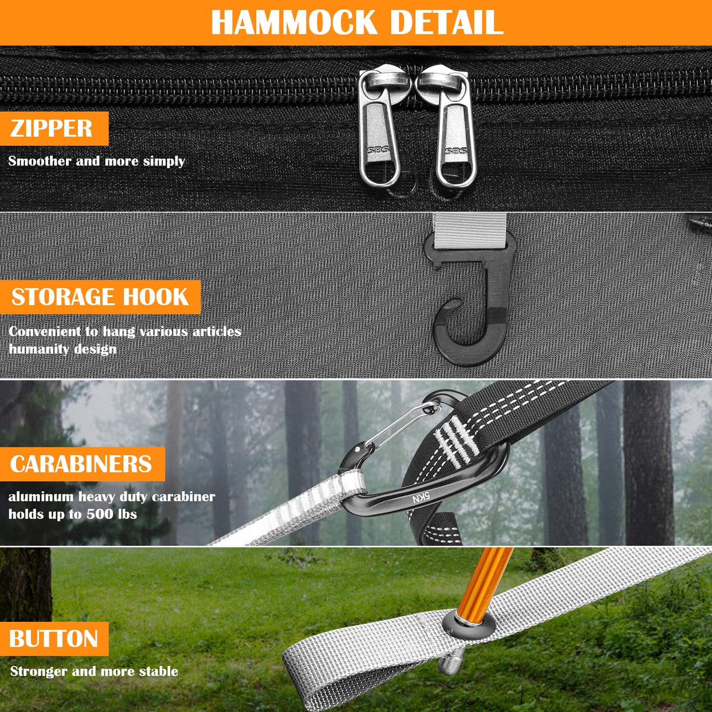 Patent Camping Hammock with Mosquito Net and Rainfly Cover, orange/grey