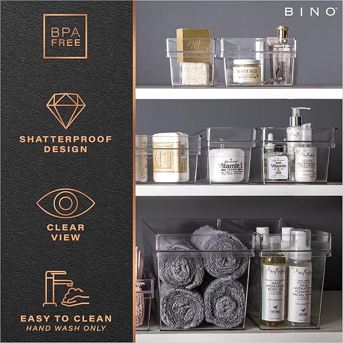BINO | Plastic Storage Bins, Medium - Shallow | THE HANDLER COLLECTION | Multipurpose Organizer Bins | Kitchen Pantry Organizers and Storage | Clear Containers for Organizing Home | Freezer Organizer